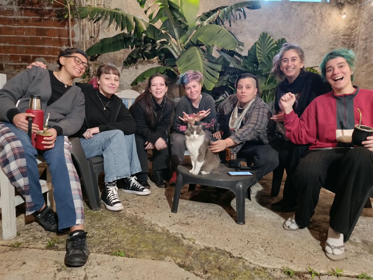 Flor, Val, Eli, Ele, Camil, Flor Bueno, Sol y el gatito. 